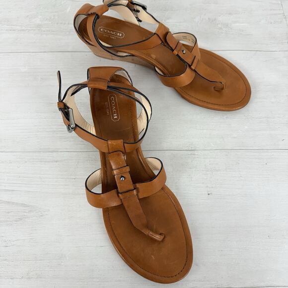 Coach Vivian Leather Thong Sandals Size 11 B Brown Strappy Low Wedge Classic - Picture 14 of 14